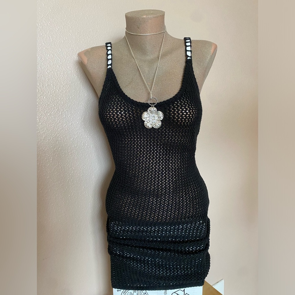 Y2k Black Crochet Mini Dress with White Straps